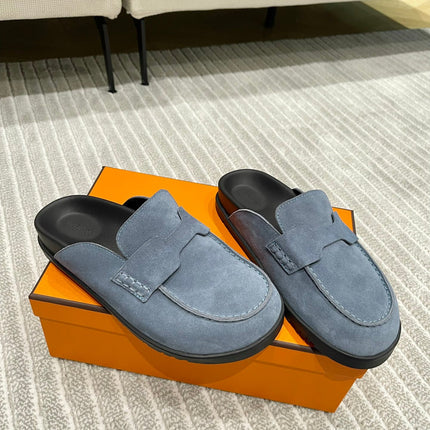 HM MULES IN STONE BLUE SUEDE