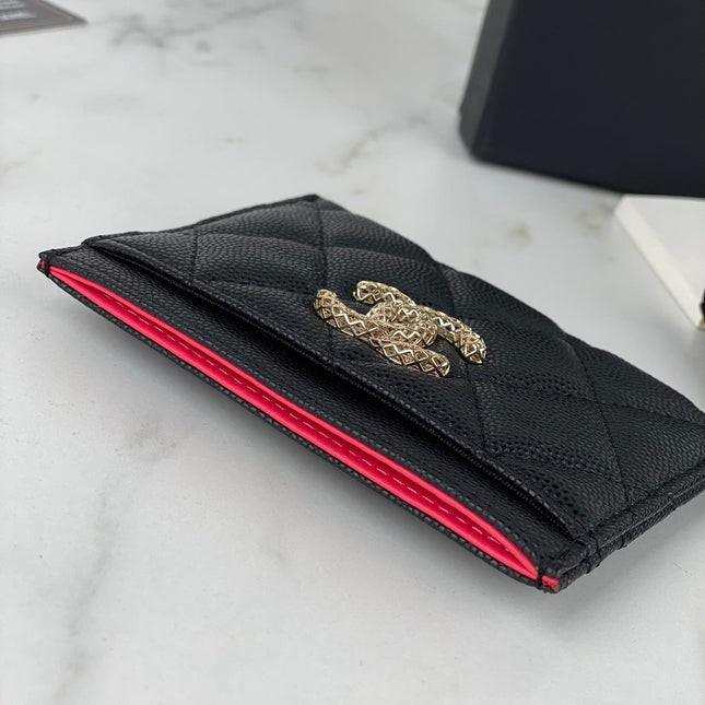 CC CARD HOLDER 19.5 BLACK GRAINED CALFSKIN GOLD ICON