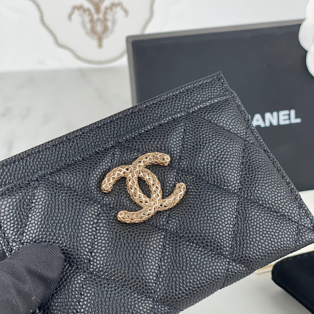 CC CARD HOLDER 19.5 BLACK GRAINED CALFSKIN GOLD ICON
