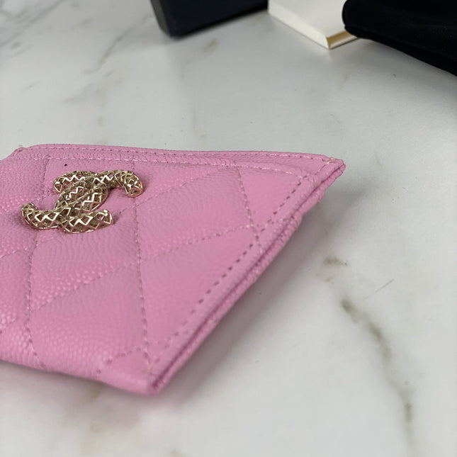 CC CARD HOLDER 19.5 PINK GRAINED CALFSKIN GOLD ICON