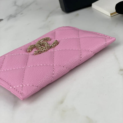 CC CARD HOLDER 19.5 PINK GRAINED CALFSKIN GOLD ICON