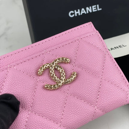 CC CARD HOLDER 19.5 PINK GRAINED CALFSKIN GOLD ICON