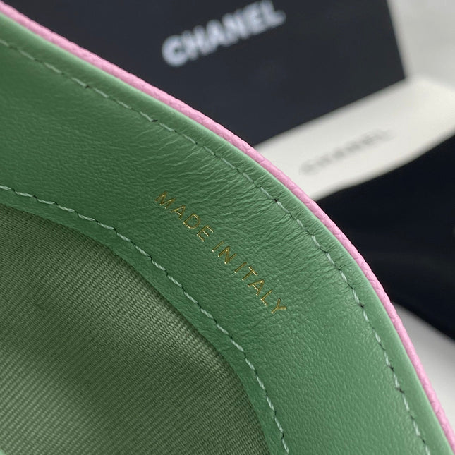 CC CARD HOLDER 19.5 PINK GRAINED CALFSKIN GOLD ICON