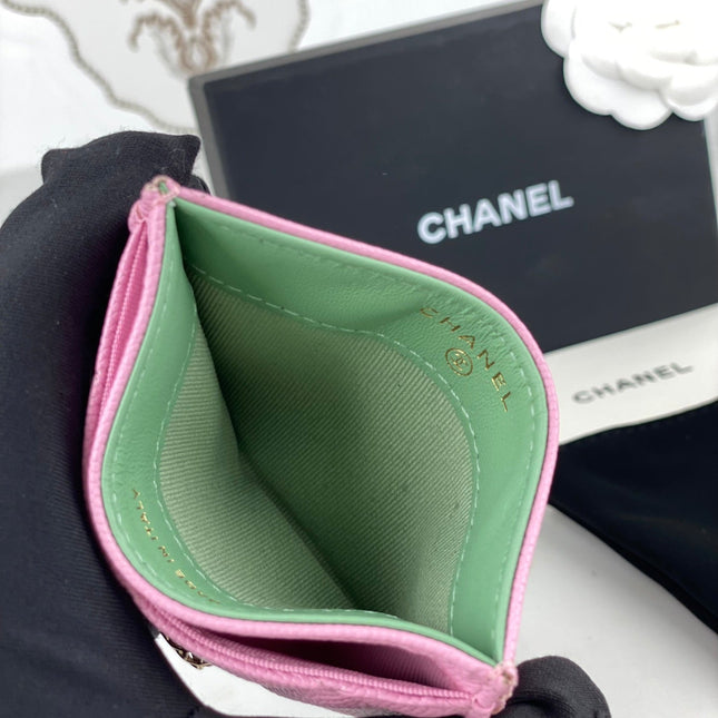 CC CARD HOLDER 19.5 PINK GRAINED CALFSKIN GOLD ICON