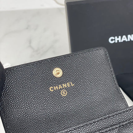 CC FLAP CARD HOLDER 11 BLACK GRAINED CALFSKIN GOLD ICON