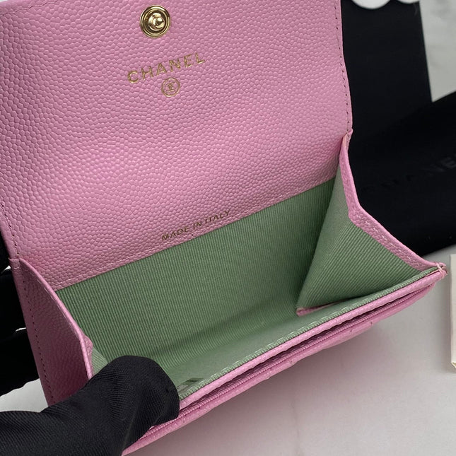 CC FLAP CARD HOLDER 11 PINK GRAINED CALFSKIN GOLD ICON