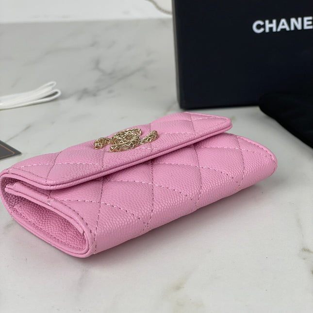 CC FLAP CARD HOLDER 11 PINK GRAINED CALFSKIN GOLD ICON