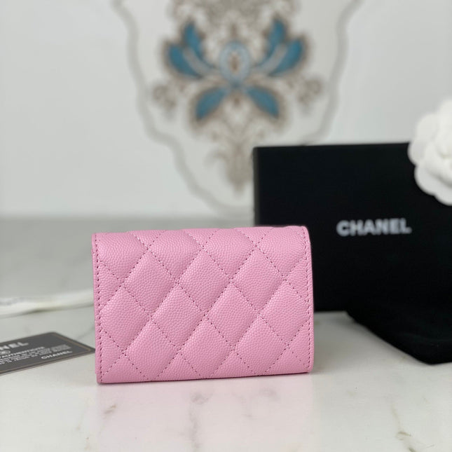 CC FLAP CARD HOLDER 11 PINK GRAINED CALFSKIN GOLD ICON