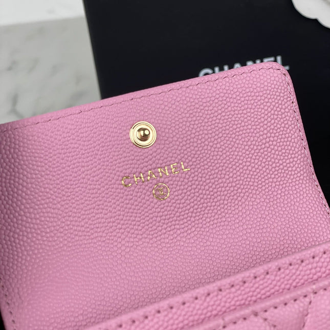 CC FLAP CARD HOLDER 11 PINK GRAINED CALFSKIN GOLD ICON