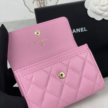 CC FLAP CARD HOLDER 11 PINK GRAINED CALFSKIN GOLD ICON