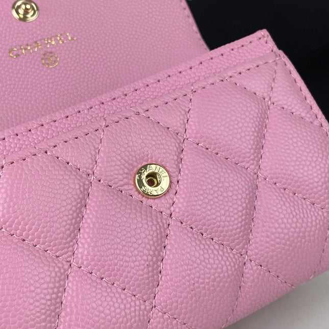 CC FLAP CARD HOLDER 11 PINK GRAINED CALFSKIN GOLD ICON