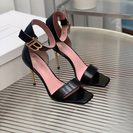 BALMAIN 25S B STRAP HIGH HEEL SANDALS 95MM IN BLACK GLOSSY CALFSKIN