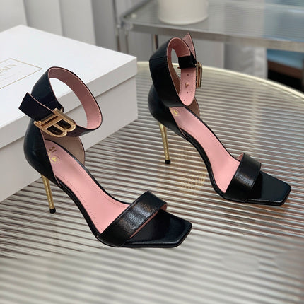 BALMAIN 25S B STRAP HIGH HEEL SANDALS 95MM IN BLACK GLOSSY CALFSKIN