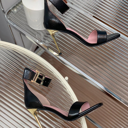 BALMAIN 25S B STRAP HIGH HEEL SANDALS 95MM IN BLACK GLOSSY CALFSKIN