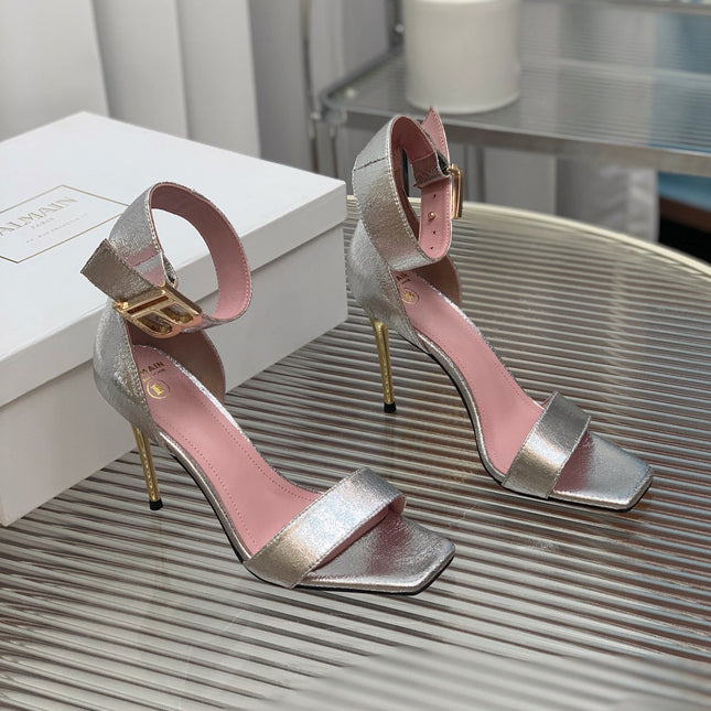 BALMAIN 25S B STRAP HIGH HEEL SANDALS 95MM IN SILVER CALFSKIN