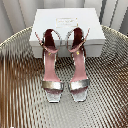 BALMAIN 25S B STRAP HIGH HEEL SANDALS 95MM IN SILVER CALFSKIN