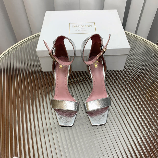 BALMAIN 25S B STRAP HIGH HEEL SANDALS 95MM IN SILVER CALFSKIN