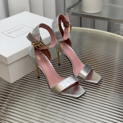 BALMAIN 25S B STRAP HIGH HEEL SANDALS 95MM IN SILVER CALFSKIN