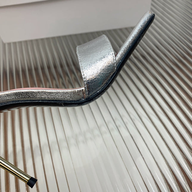 BALMAIN 25S B STRAP HIGH HEEL SANDALS 95MM IN SILVER CALFSKIN