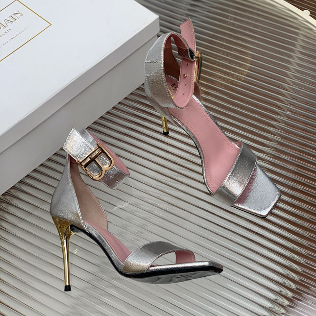 BALMAIN 25S B STRAP HIGH HEEL SANDALS 95MM IN SILVER CALFSKIN