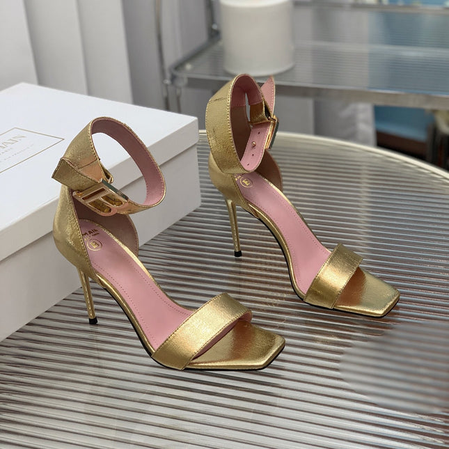 BALMAIN 25S B STRAP HIGH HEEL SANDALS 95MM IN GOLD CALFSKIN