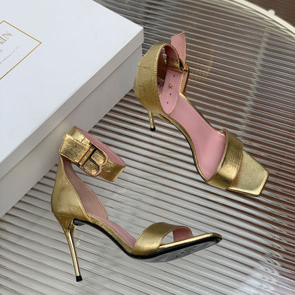 BALMAIN 25S B STRAP HIGH HEEL SANDALS 95MM IN GOLD CALFSKIN