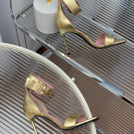 BALMAIN 25S B STRAP HIGH HEEL SANDALS 95MM IN GOLD CALFSKIN