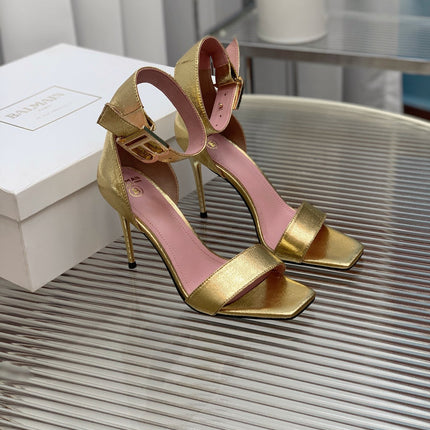 BALMAIN 25S B STRAP HIGH HEEL SANDALS 95MM IN GOLD CALFSKIN