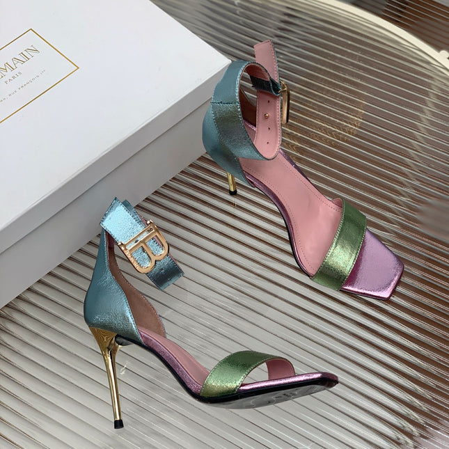 BALMAIN 25S B STRAP HIGH HEEL SANDALS 95MM IN MULTICOLOR CALFSKIN