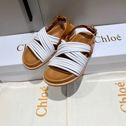 CHLOÉ CROSS STRAP SANDAL IN WHITE MIX BRONZE BROWN RUBBER WITH GOLD HARDWARE