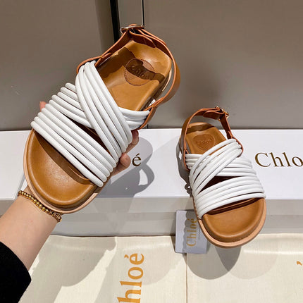 CHLOÉ CROSS STRAP SANDAL IN WHITE MIX BRONZE BROWN RUBBER WITH GOLD HARDWARE
