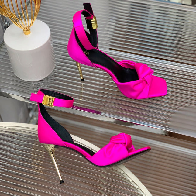 BALMAIN 25S KNOTTED HIGH HEELS 95MM IN NEON PINK SATIN