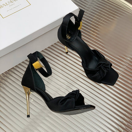 BALMAIN 25S KNOTTED HIGH HEELS 95MM IN BLACK SATIN