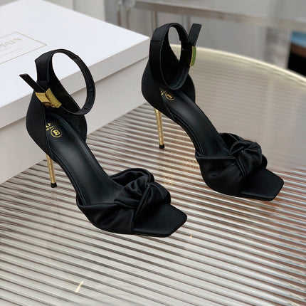 BALMAIN 25S KNOTTED HIGH HEELS 95MM IN BLACK SATIN