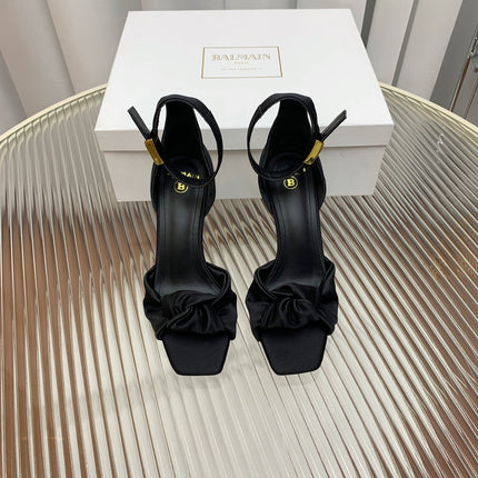 BALMAIN 25S KNOTTED HIGH HEELS 95MM IN BLACK SATIN