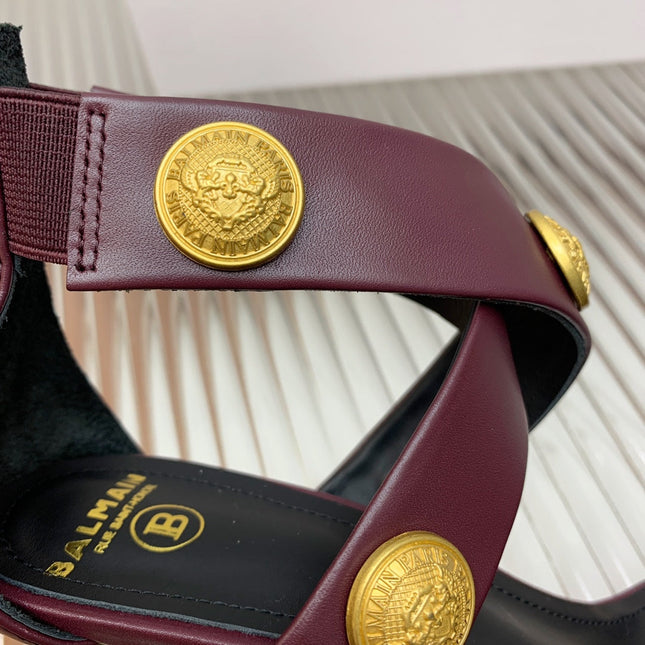 BALMAIN 25S CROSSOVER STRAP HIGH HEELS 95MM IN ROSEWOOD CALFSKIN