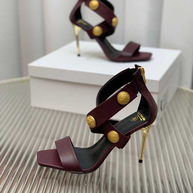 BALMAIN 25S CROSSOVER STRAP HIGH HEELS 95MM IN ROSEWOOD CALFSKIN