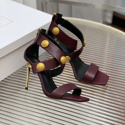 BALMAIN 25S CROSSOVER STRAP HIGH HEELS 95MM IN ROSEWOOD CALFSKIN