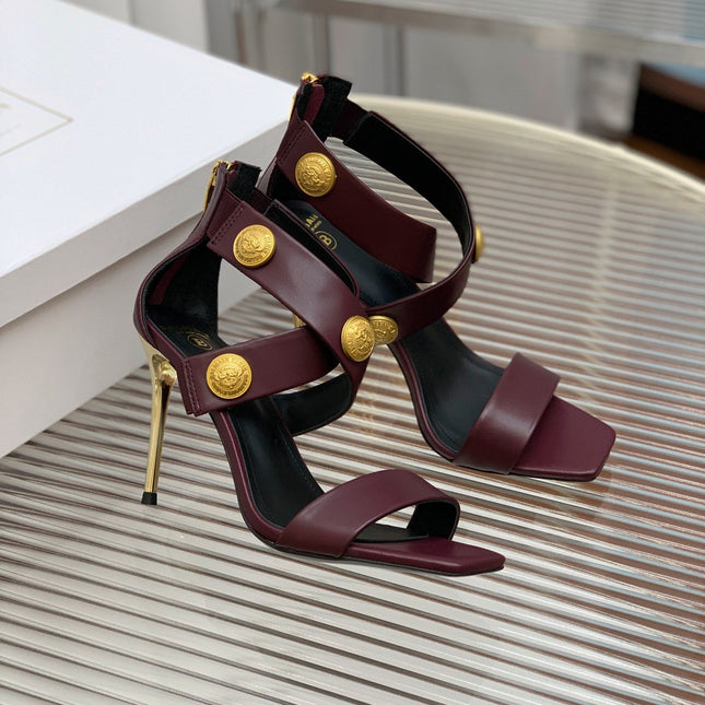 BALMAIN 25S CROSSOVER STRAP HIGH HEELS 95MM IN ROSEWOOD CALFSKIN