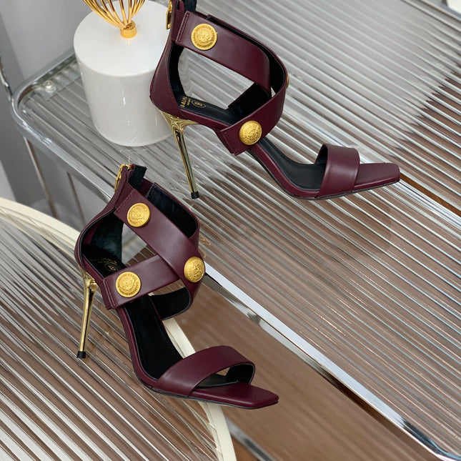 BALMAIN 25S CROSSOVER STRAP HIGH HEELS 95MM IN ROSEWOOD CALFSKIN