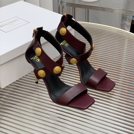 BALMAIN 25S CROSSOVER STRAP HIGH HEELS 95MM IN ROSEWOOD CALFSKIN