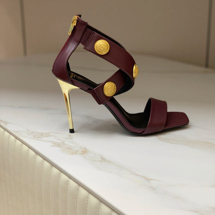 BALMAIN 25S CROSSOVER STRAP HIGH HEELS 95MM IN ROSEWOOD CALFSKIN