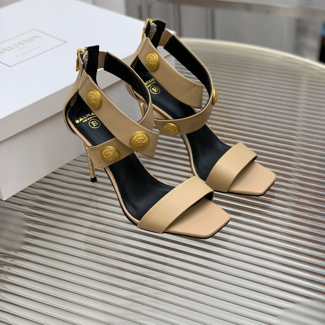 BALMAIN 25S CROSSOVER STRAP HIGH HEELS 95MM IN LIGHT BROWN CALFSKIN