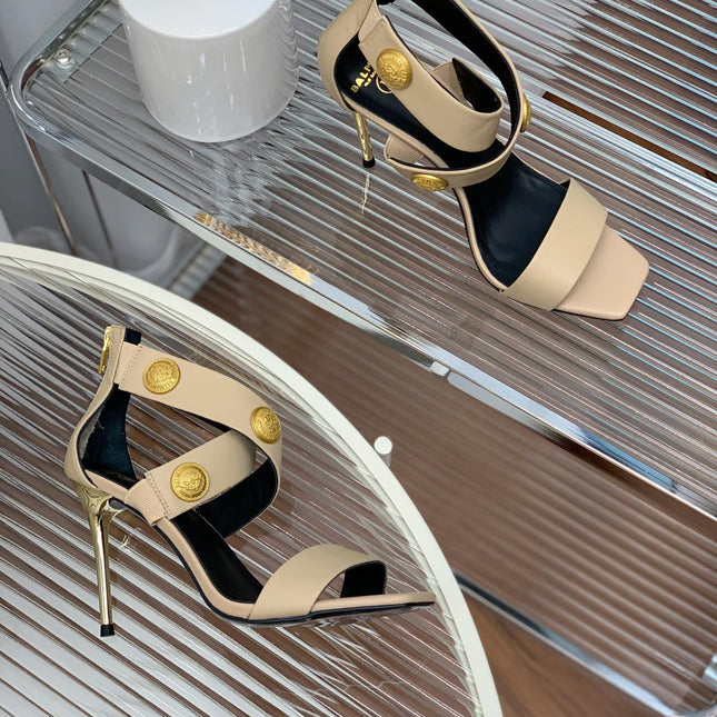 BALMAIN 25S CROSSOVER STRAP HIGH HEELS 95MM IN LIGHT BROWN CALFSKIN