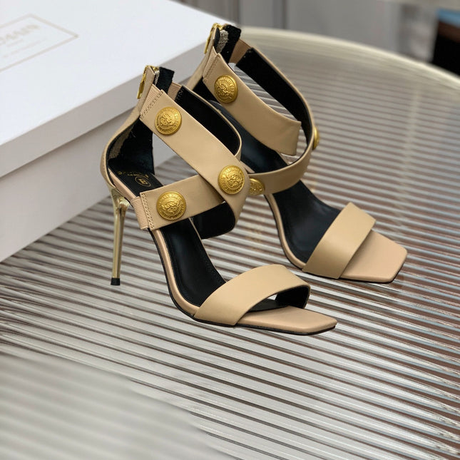 BALMAIN 25S CROSSOVER STRAP HIGH HEELS 95MM IN LIGHT BROWN CALFSKIN