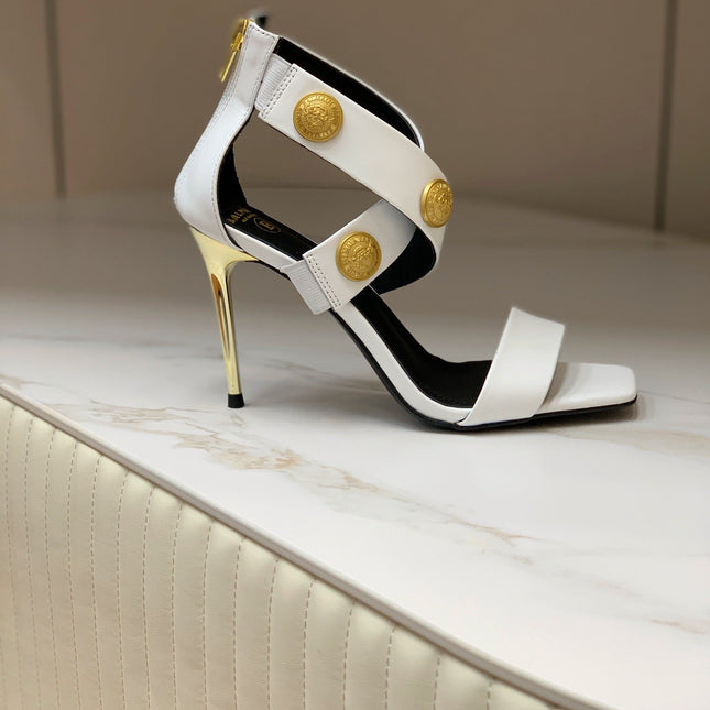 BALMAIN 25S CROSSOVER STRAP HIGH HEELS 95MM IN LIGHT GRAY CALFSKIN