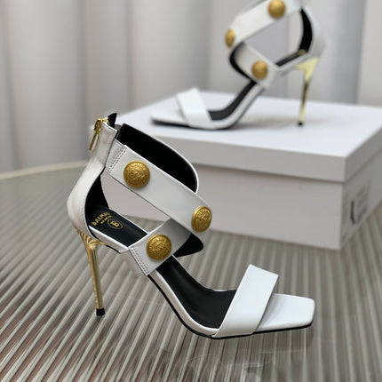 BALMAIN 25S CROSSOVER STRAP HIGH HEELS 95MM IN LIGHT GRAY CALFSKIN