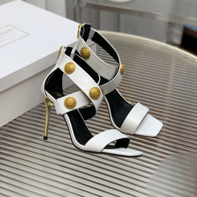 BALMAIN 25S CROSSOVER STRAP HIGH HEELS 95MM IN LIGHT GRAY CALFSKIN