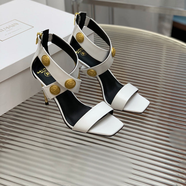 BALMAIN 25S CROSSOVER STRAP HIGH HEELS 95MM IN LIGHT GRAY CALFSKIN