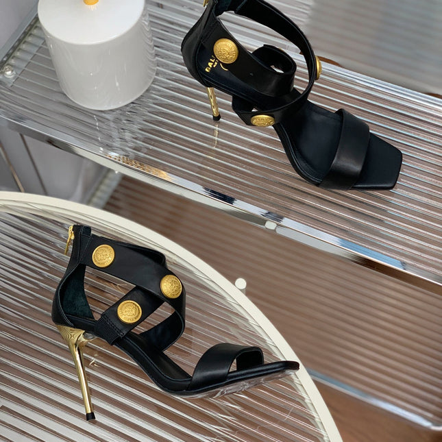 BALMAIN 25S CROSSOVER STRAP HIGH HEELS 95MM IN BLACK CALFSKIN